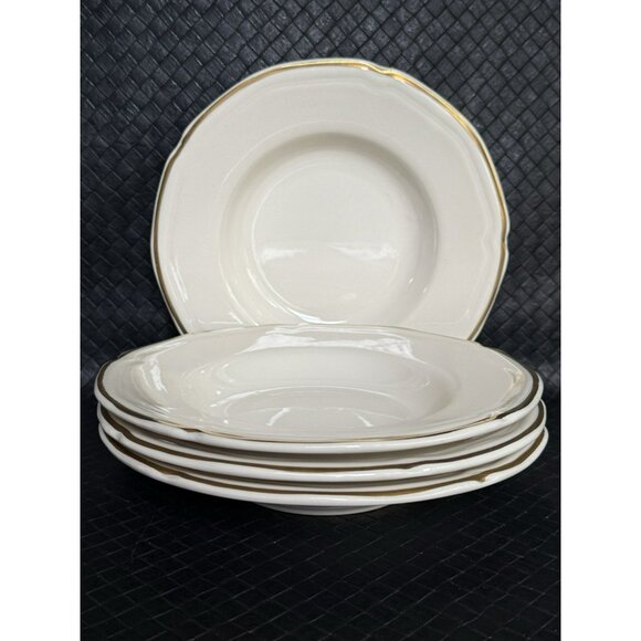 Sterling Vitrified China 9 Inch Wide Rim Bowls Gold Trim Set of 4 Stew Pasta - Picture 1 of 9